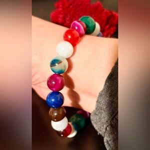 Multicolor Agate Aqua Chalcedony Stretch Bracelet, Size:7.25